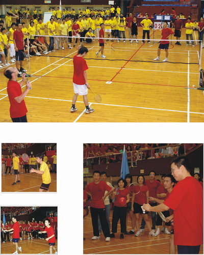 运动会现场，董事长杨文江上阵，与羽毛球男双冠军进行表演赛。